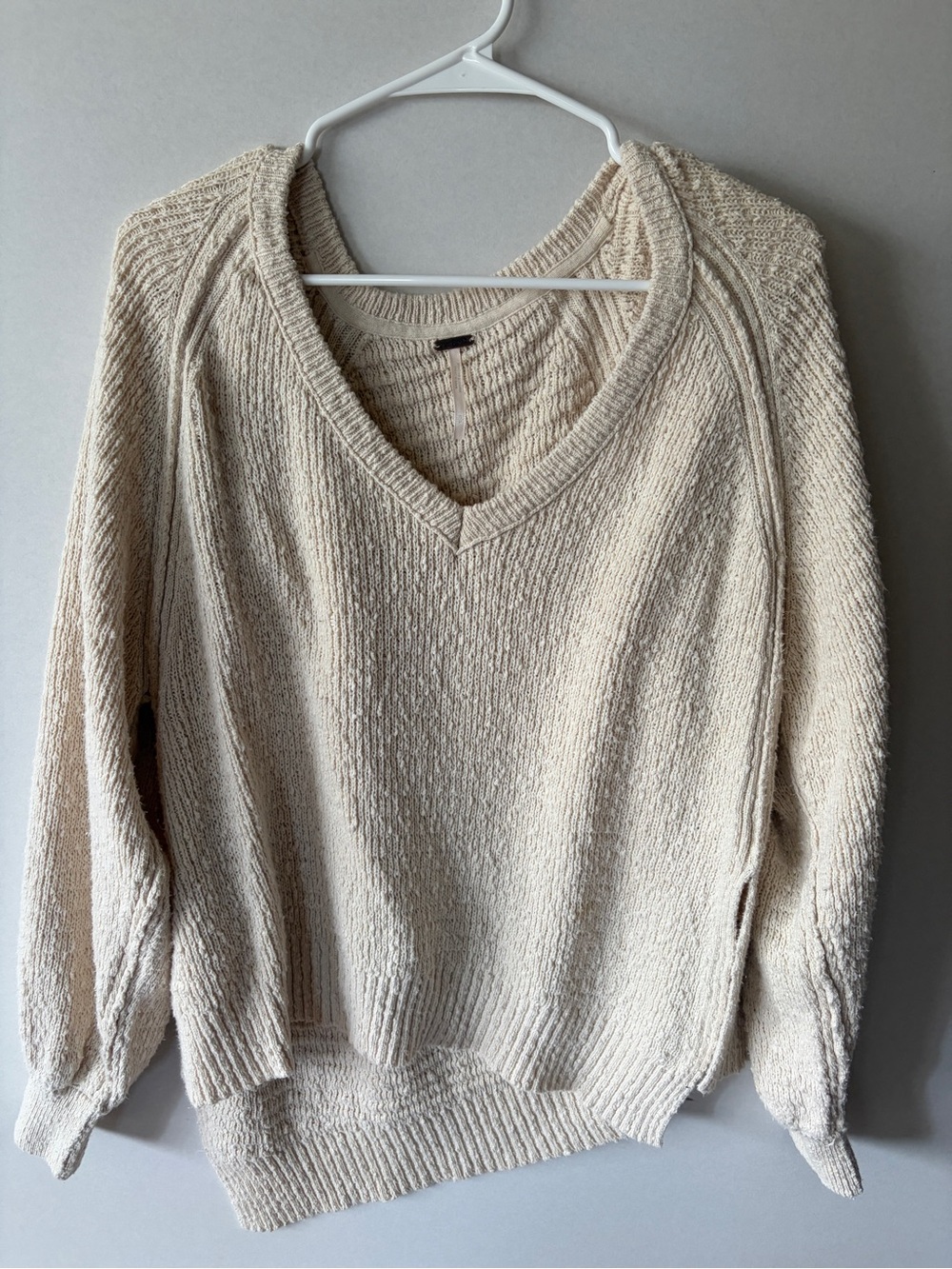 Free People Cream V-Neck Textured Knit Sweater